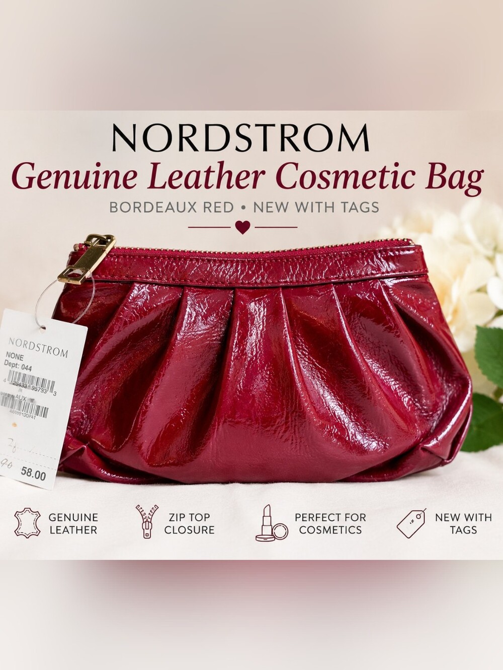 Nordstrom Genuine Leather Patent Cosmetic Bag Bordeaux Red Makeup Pouch NWT